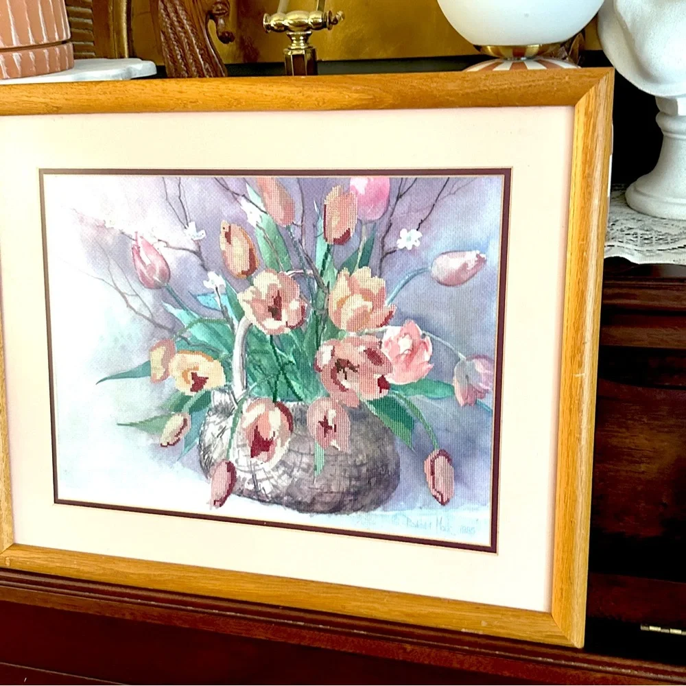 Vtg 1985 Tulip Embroidered Cross Stitch Barbara Mock Signed Floral Print Frame